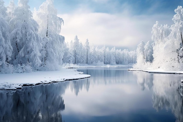 A frozen lake with snow covered trees and a blue sky