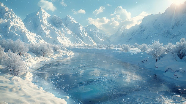 a frozen lake with snow on the mountains in the background