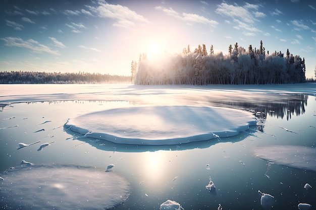 A frozen lake with a snowy landscape in the background