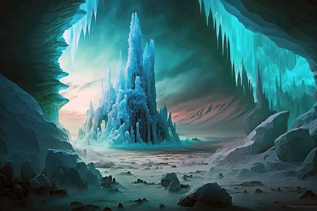 A Frozen Land With Ice Castles And Aurora Borealis Generative AI