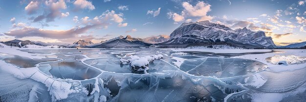 a frozen landscape with ice and mountains in the background