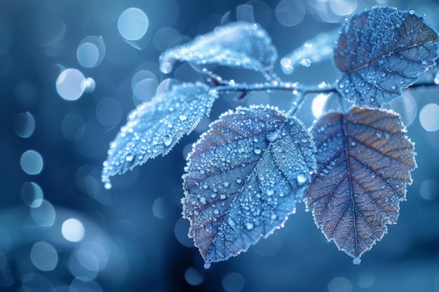 Photo frozen leaves in blue background