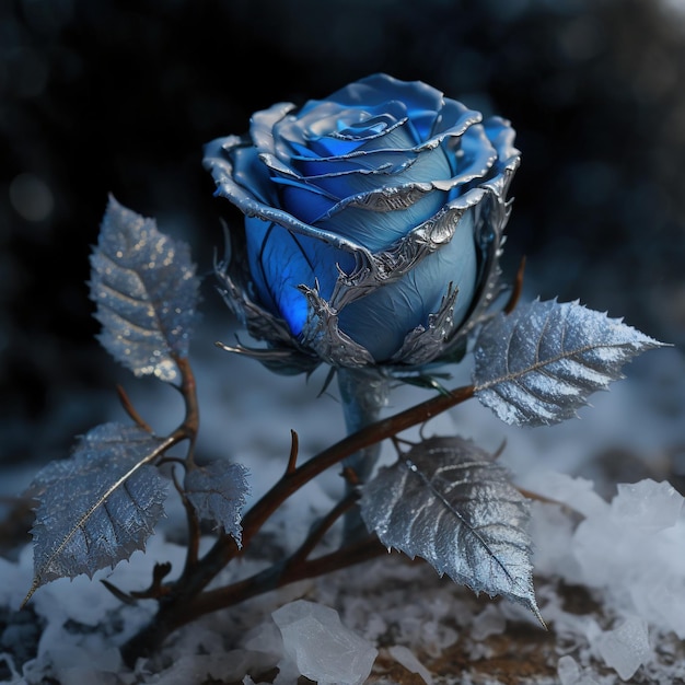 Frozen magic blue rose in the snow romantic background