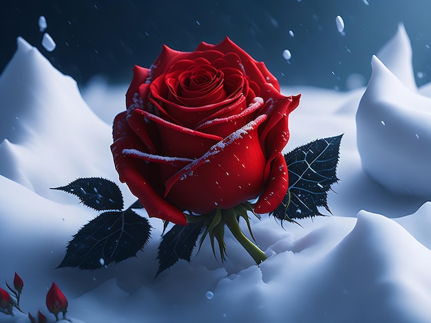 Frozen magic red rose in the snow romantic background Ai generation