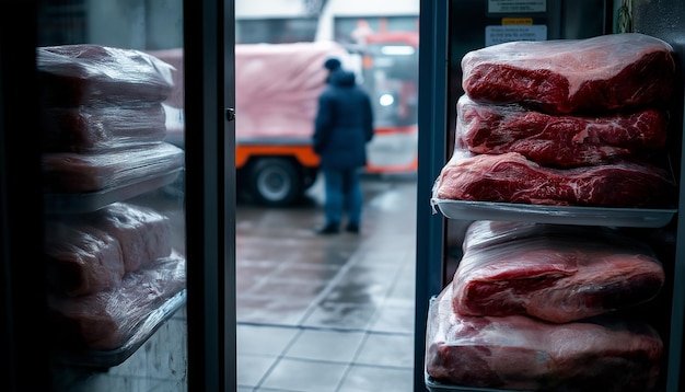 Frozen meat loaded onto shelves In the background a refrigerated truck transporting meat