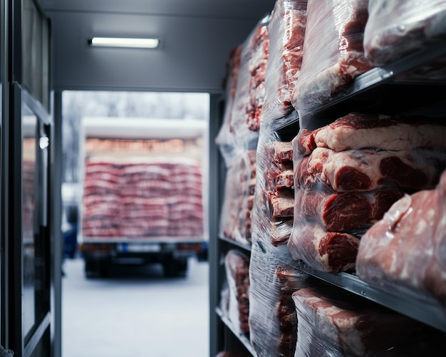 Photo frozen meat loaded onto shelves in the background a refrigerated truck transporting meat