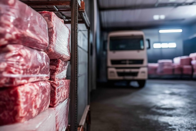 Photo frozen meat loaded onto shelves in the background a refrigerated truck transporting meat