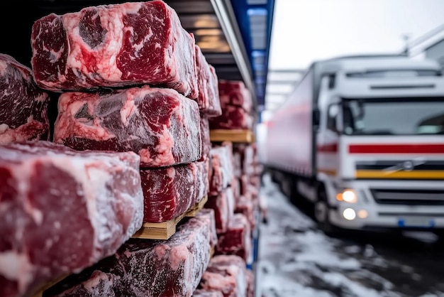 Photo frozen meat loaded onto shelves in the background a refrigerated truck transporting meat