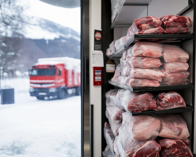 Photo frozen meat loaded on shelves inside a refrigerated truck arriving at a warehouse