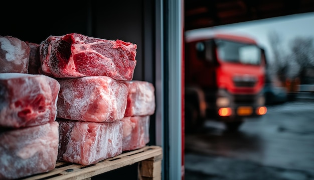 Photo frozen meat loaded on shelves inside a refrigerated truck arriving at a warehouse