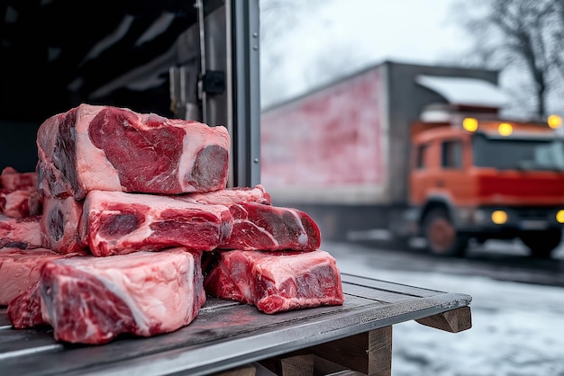 Frozen Meat Loaded on Shelves Inside a Refrigerated Truck Arriving at a Warehouse