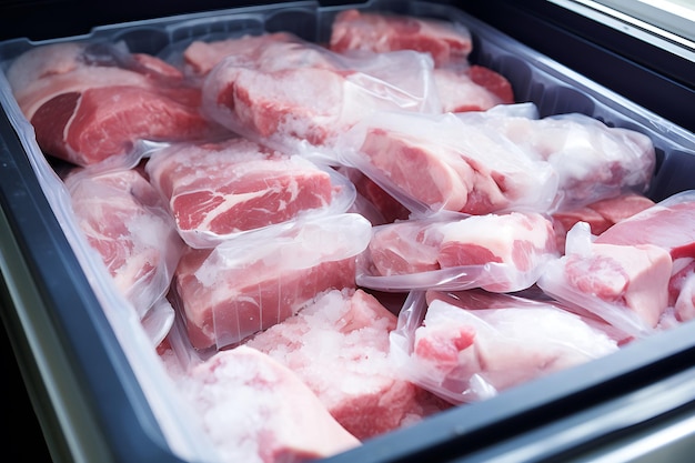 Frozen meat and meat frozen products in plastic package in the freezer