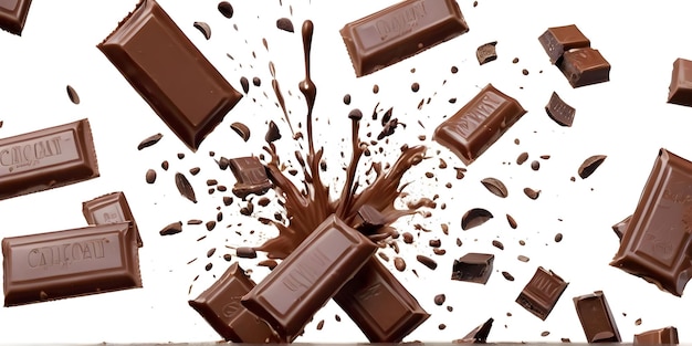 frozen movement of chocolate bars explodingthrowing out chocolate bars on a white background