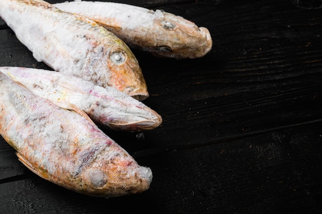 Frozen mullet or sultanka fish set, on black wooden table background , with copy space for text