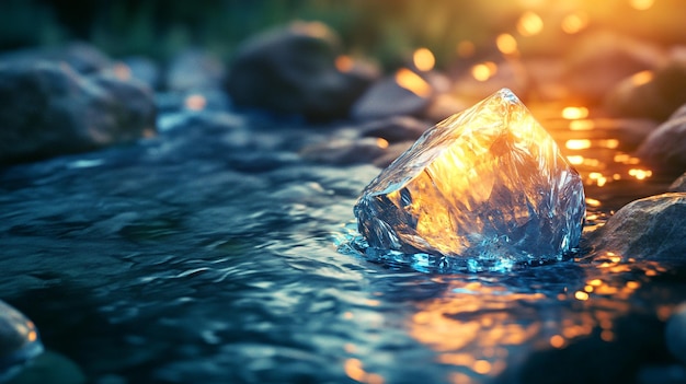 a frozen piece of ice is floating in a river