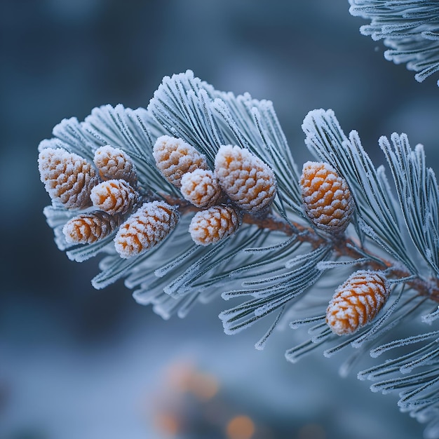 Photo frozen pine branch with cones closeup photography