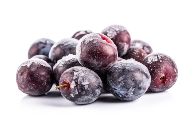 Frozen Plums On White Background Generative AI