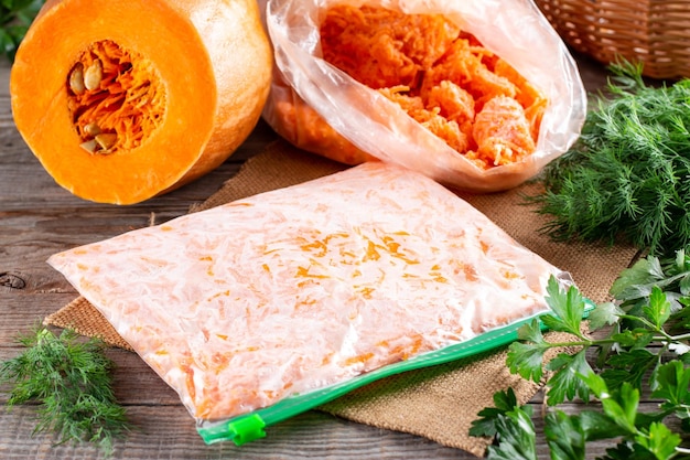 Frozen pumpkin in a plastic bag Vegetables containing carotene Frozen food stocks