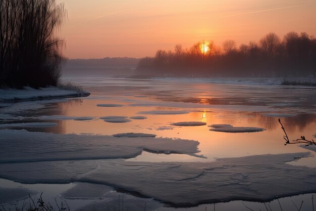 Frozen river at dawn with orange sunrise casting warm light on the ice