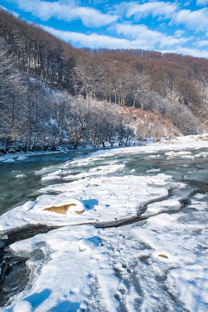 A frozen river flows near the trees in the snow on a cold winter day