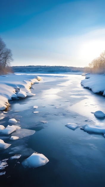 Photo frozen river ice floes snow covered shoreline