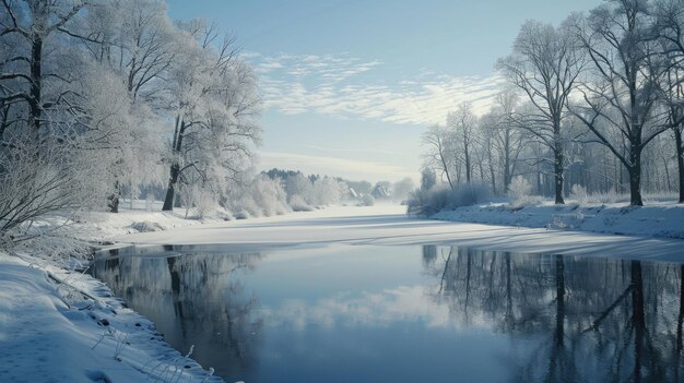 A frozen river surrounded by snow covered trees