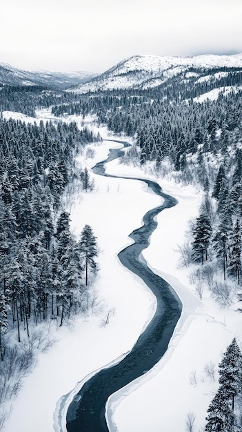 Photo a frozen river winds gracefully through snowy swedish landscape surrounded by tall evergreen trees and distant mountains serene beauty evokes sense of tranquility and wonder