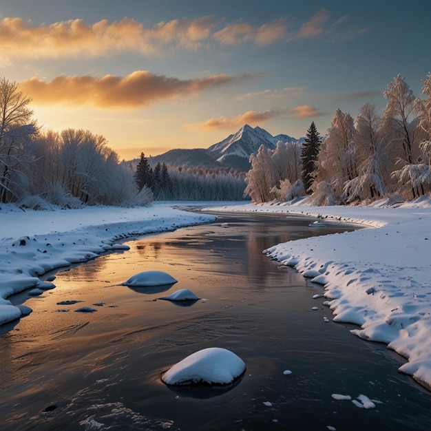 Frozen River in Winter Landscape Tranquil Snowy Scene