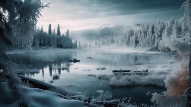 A frozen river in winter with a snowy landscape and trees on the left.