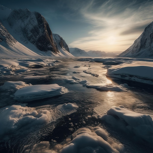 A frozen river with a mountain in the background and a sunset in the background.