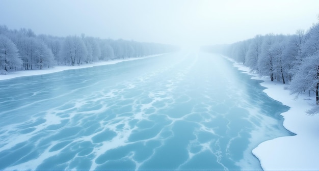 Photo a frozen river with snow on the ground and trees in the background