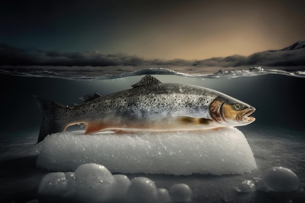 Frozen salmon on ice AI generated