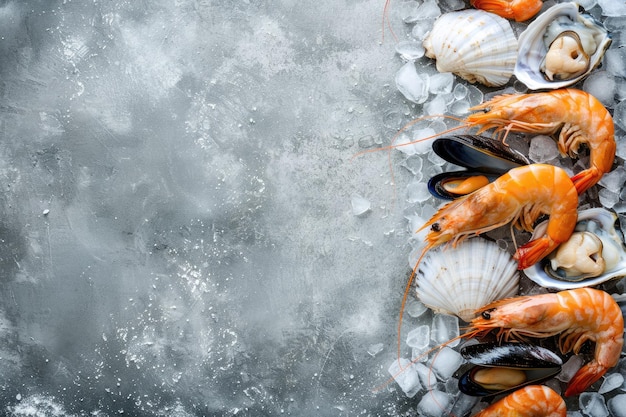 Photo frozen seafood assortment on gray stone background