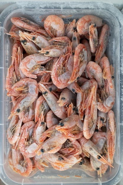 Frozen shrimp in fridge at the fish market healthy eating and fish market concept