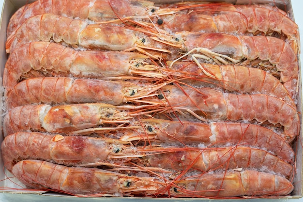 Frozen shrimp in fridge at the fish market healthy eating and fish market concept