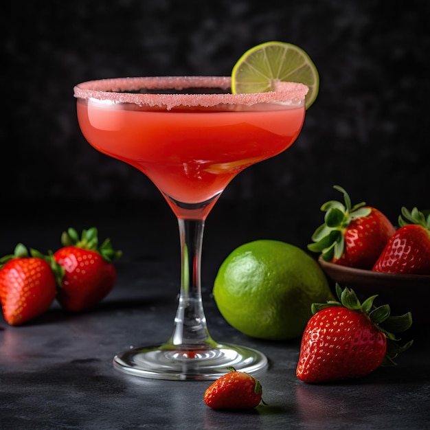 Frozen strawberry daiquiri cocktail with strawberries and lime on dark background