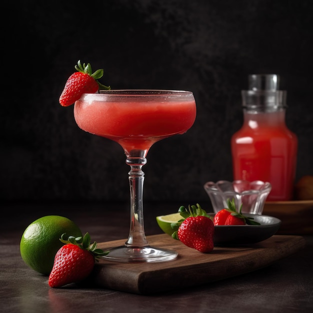 Frozen strawberry daiquiri cocktail with strawberries and lime on a wooden board Dark background