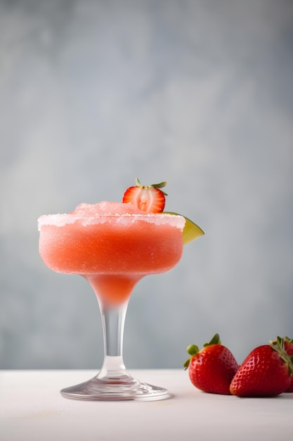 Frozen strawberry margarita garnished with a salt rim and a lime slice on grey vertical Margarita with crushed ice Frozen red cocktail with crushed ice strawberry and lime Generative AI