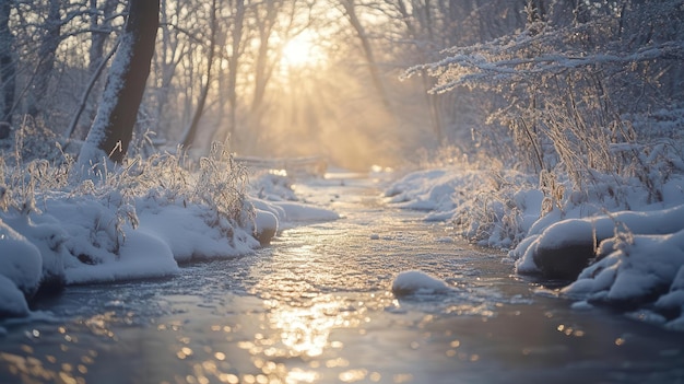 Frozen streams in the morning light with soft light filtering through the snowcovered branches