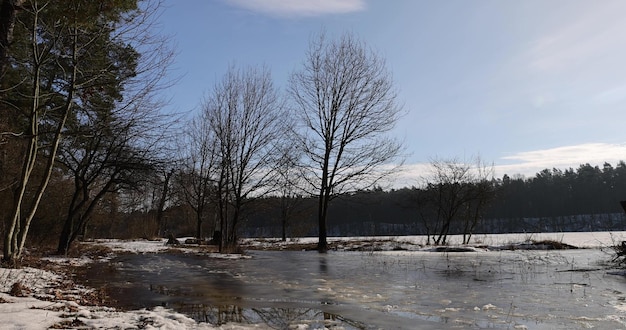 the frozen surface of the river in the winter season