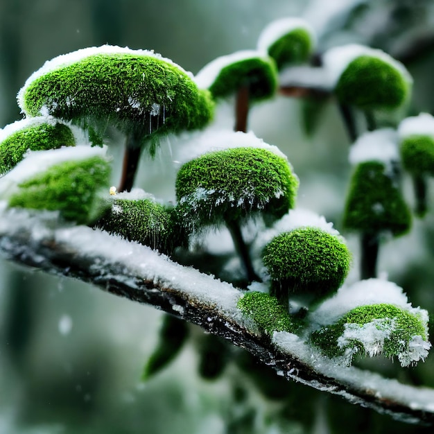 Frozen tree brunch with moss and snow closeup