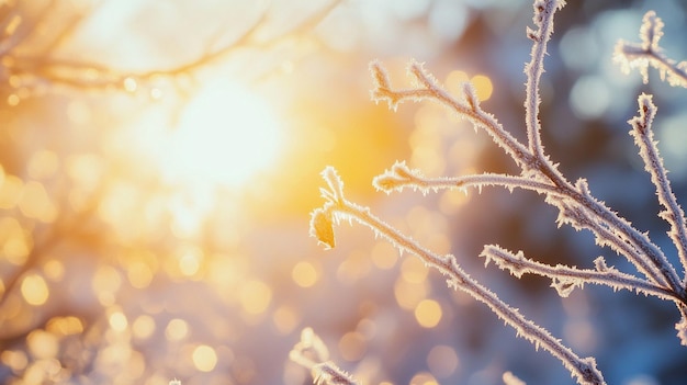 Photo frozen twigs covered in hoarfrost glistening in the winter sunlight