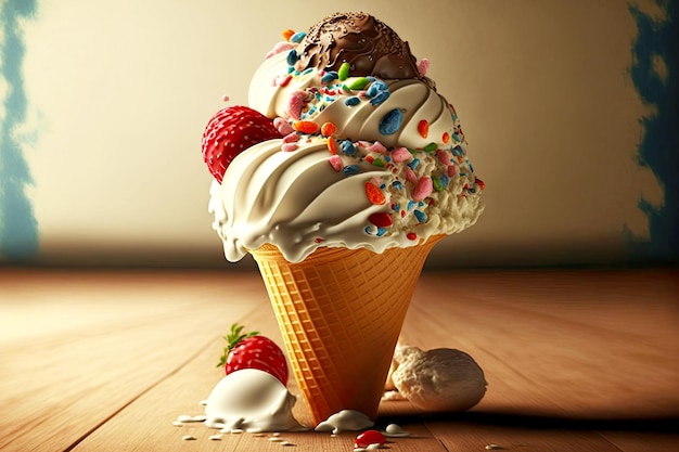 Frozen vanilla most delicious ice cream cone with berries and sprinkles on light background