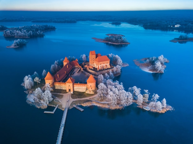 Frozen view of Trakai castle at winter, aerial view of the castle