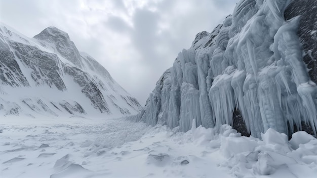 Frozen waterfall in the mountains Winter landscape Generative AI