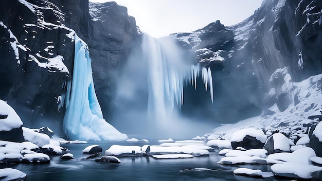 Photo frozen waterfall snow covered rocks icy mist