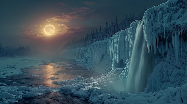 a frozen waterfall with a full moon in the background