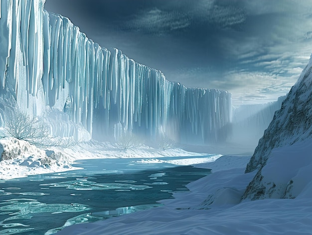 Photo a frozen waterfall with ice on it and a waterfall in the background