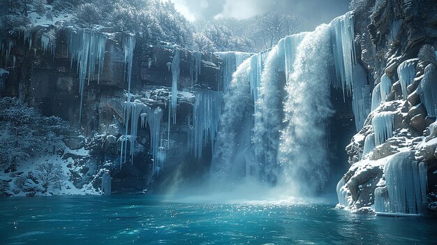 Photo a frozen waterfall with ice and a waterfall in the background