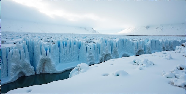 a frozen waterfall with a mountain in the background